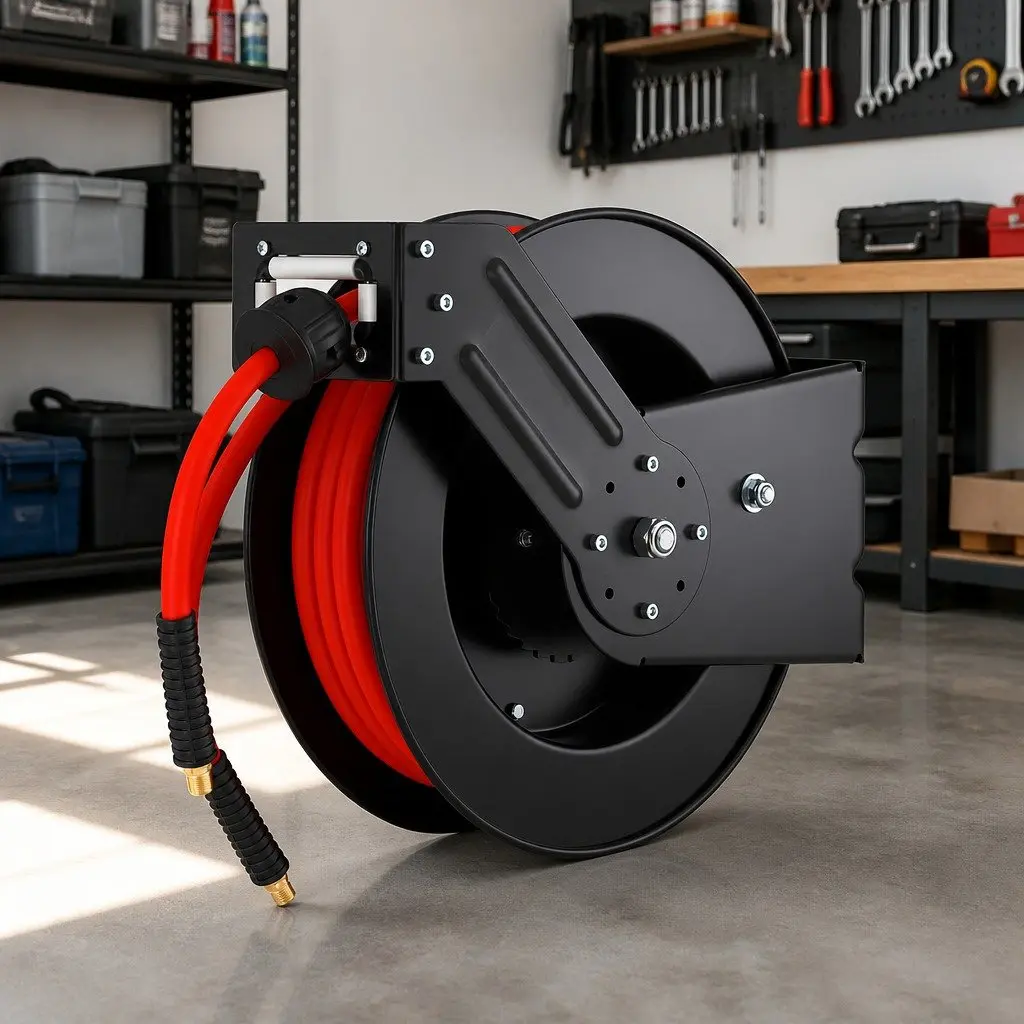 Air Hose Reel Retractable 3/8" x 15m Black Red Auto Rewind Garage Workshop Storage