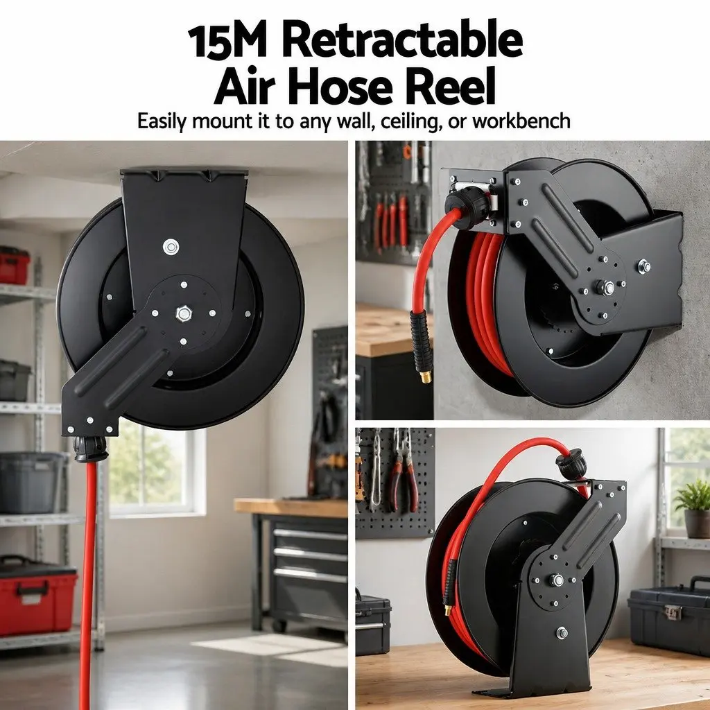 Air Hose Reel Retractable 3/8" x 15m Black Red Auto Rewind Garage Workshop Storage