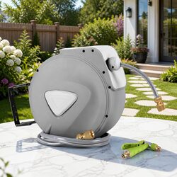 Water Hose Reel 30M Retractable Auto Rewind Wall Mount Garden Spray Gun Grey