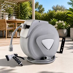 Water Hose Reel 30M Retractable Auto Rewind Wall Mount Garden Spray Gun Grey