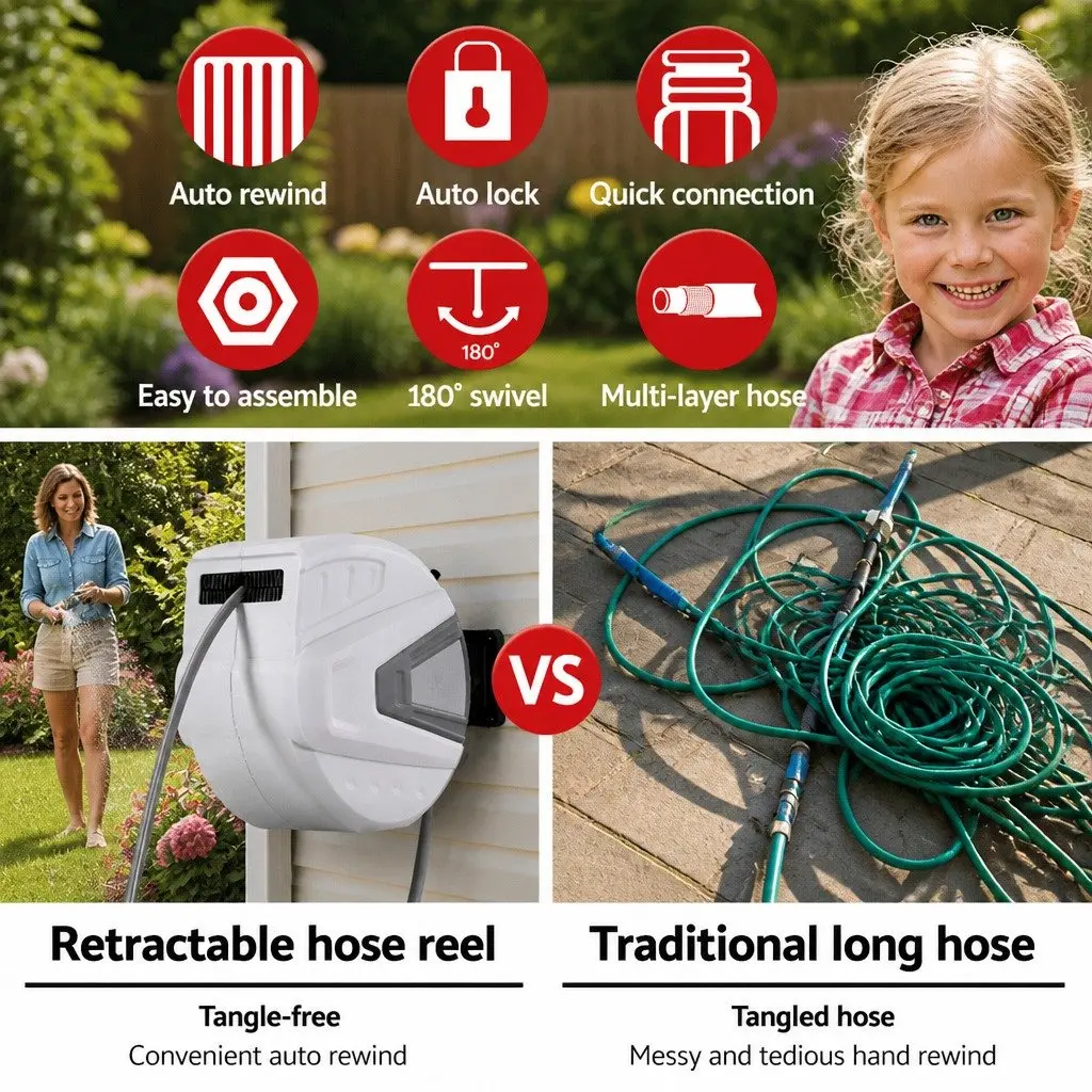 Water Hose Reel Automatic Rewind 30M PVC Wall Mount Portable
