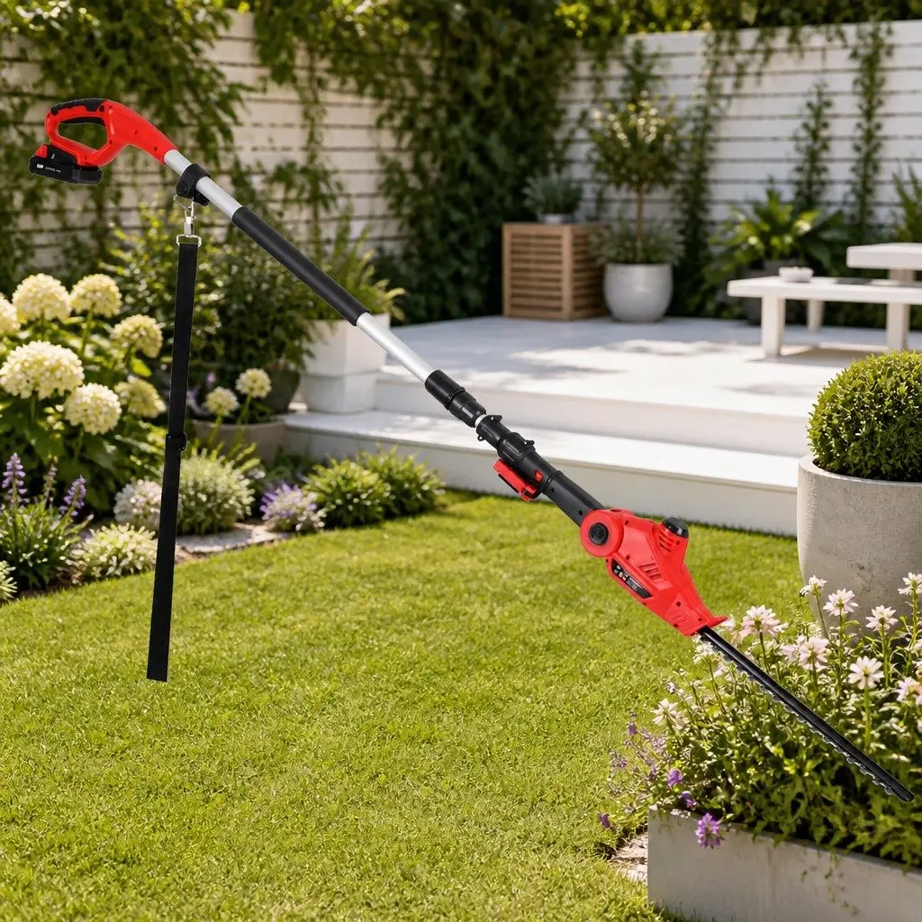 Cordless Pole Hedge Trimmer Double-Sided Blade Adjustable Multi-Angle Head Lightweight Red or Black