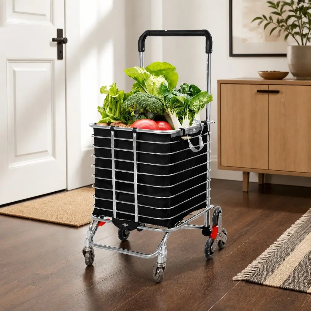 Foldable Shopping Cart Trolley Stair Climbing Wheels Lightweight Black and Silver