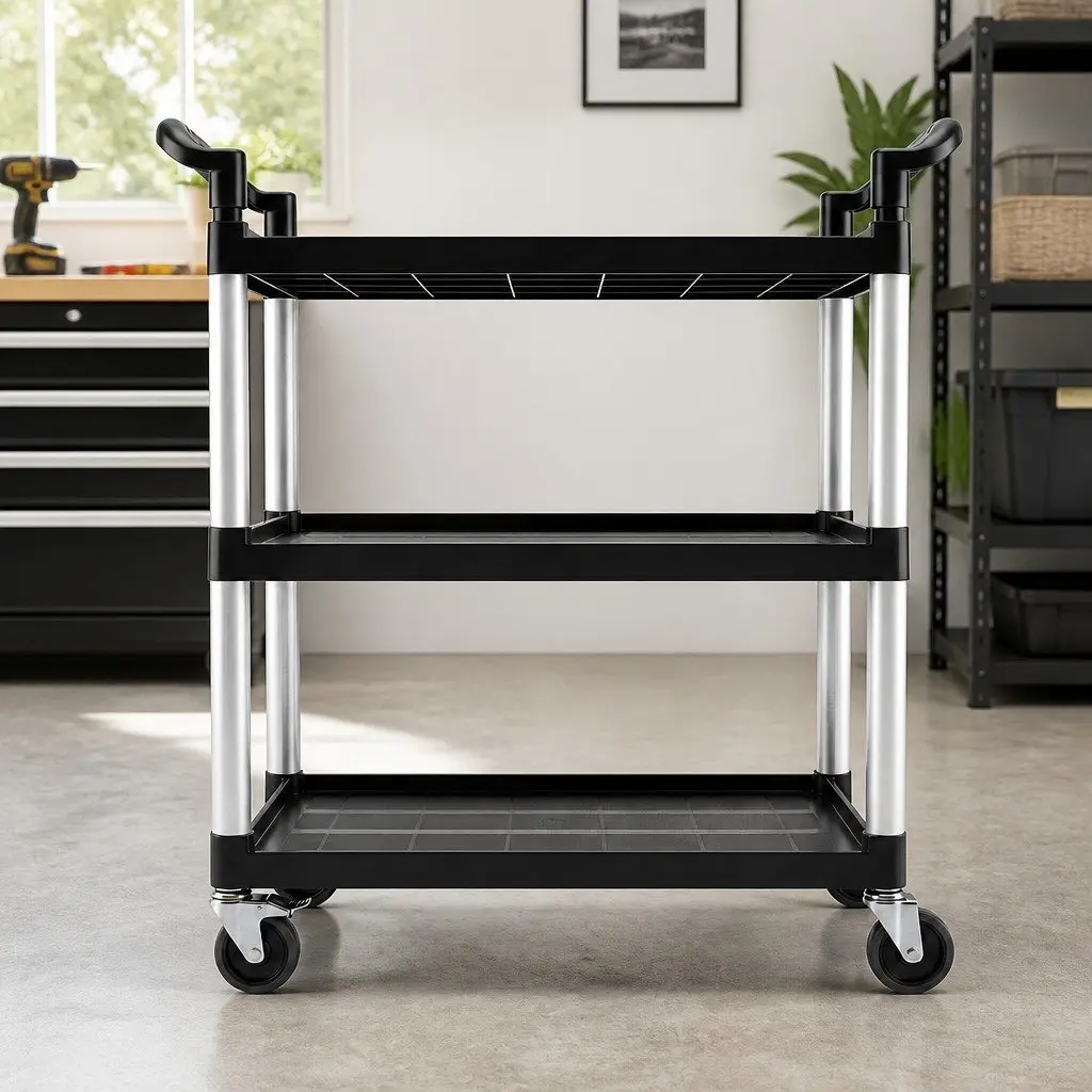 Tool Trolley Cart 3 Tier Rolling Storage Organiser Black Plastic Shelves Reinforced Aluminium Tubes
