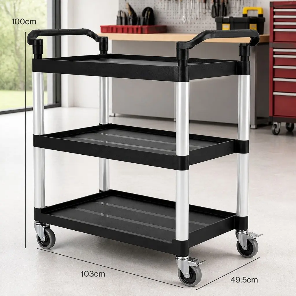 Tool Trolley Cart 3 Tier Rolling Storage Organiser Black Plastic Shelves Reinforced Aluminium Tubes