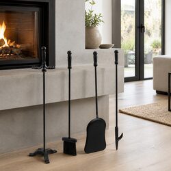 Fireplace Tool Set 4 Piece Cast Iron Poker Shovel Brush Stand Long Handle