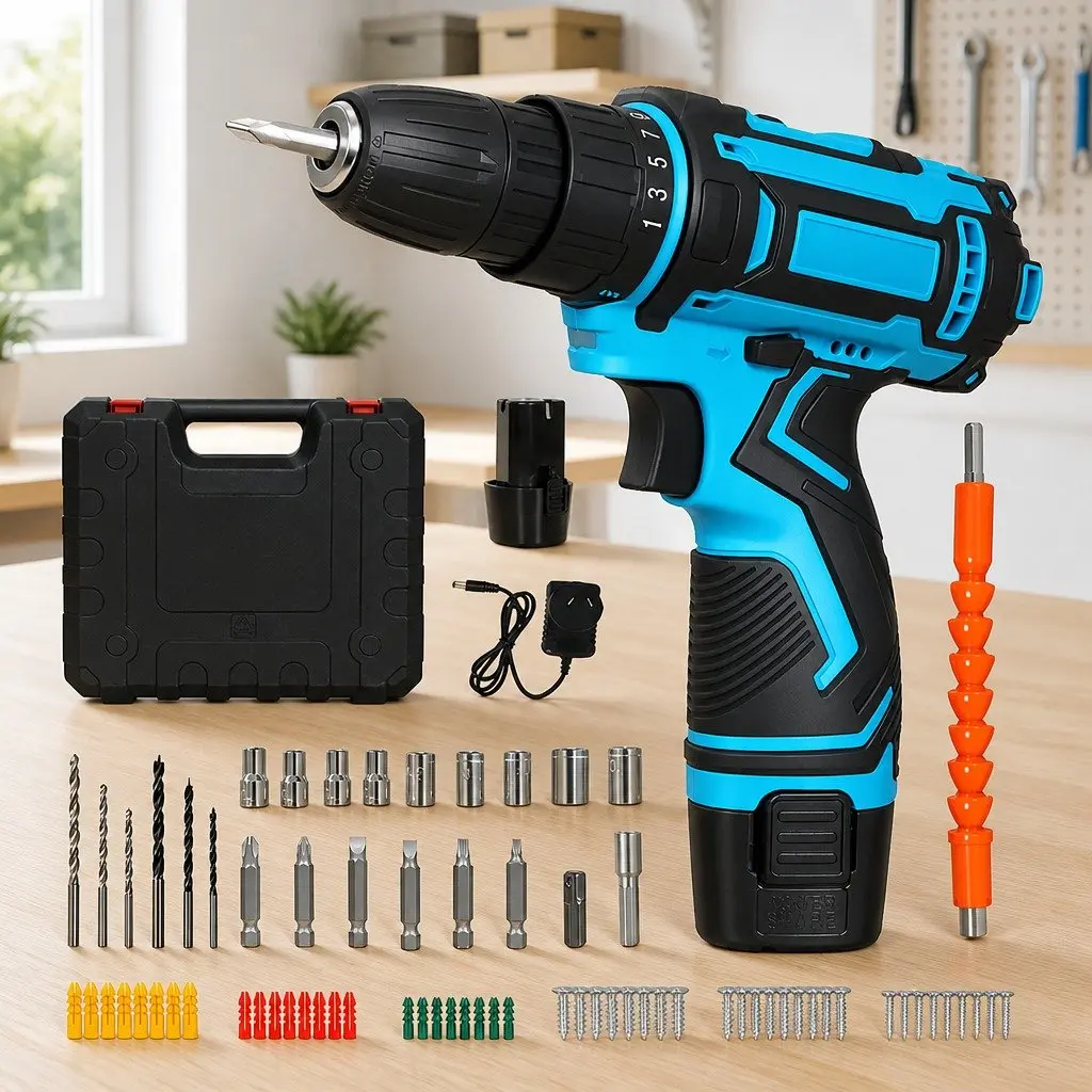 12V Cordless Drill Driver Kit Variable Speed 2000mAh Battery Blue 74 Piece Accessories