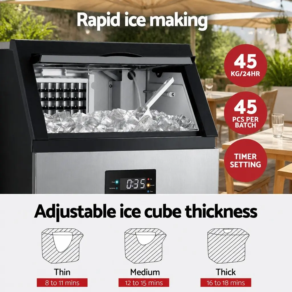 Commercial Ice Maker Machine 45kg Daily Capacity Adjustable Cube Thickness LED Control Silver Stainless Steel