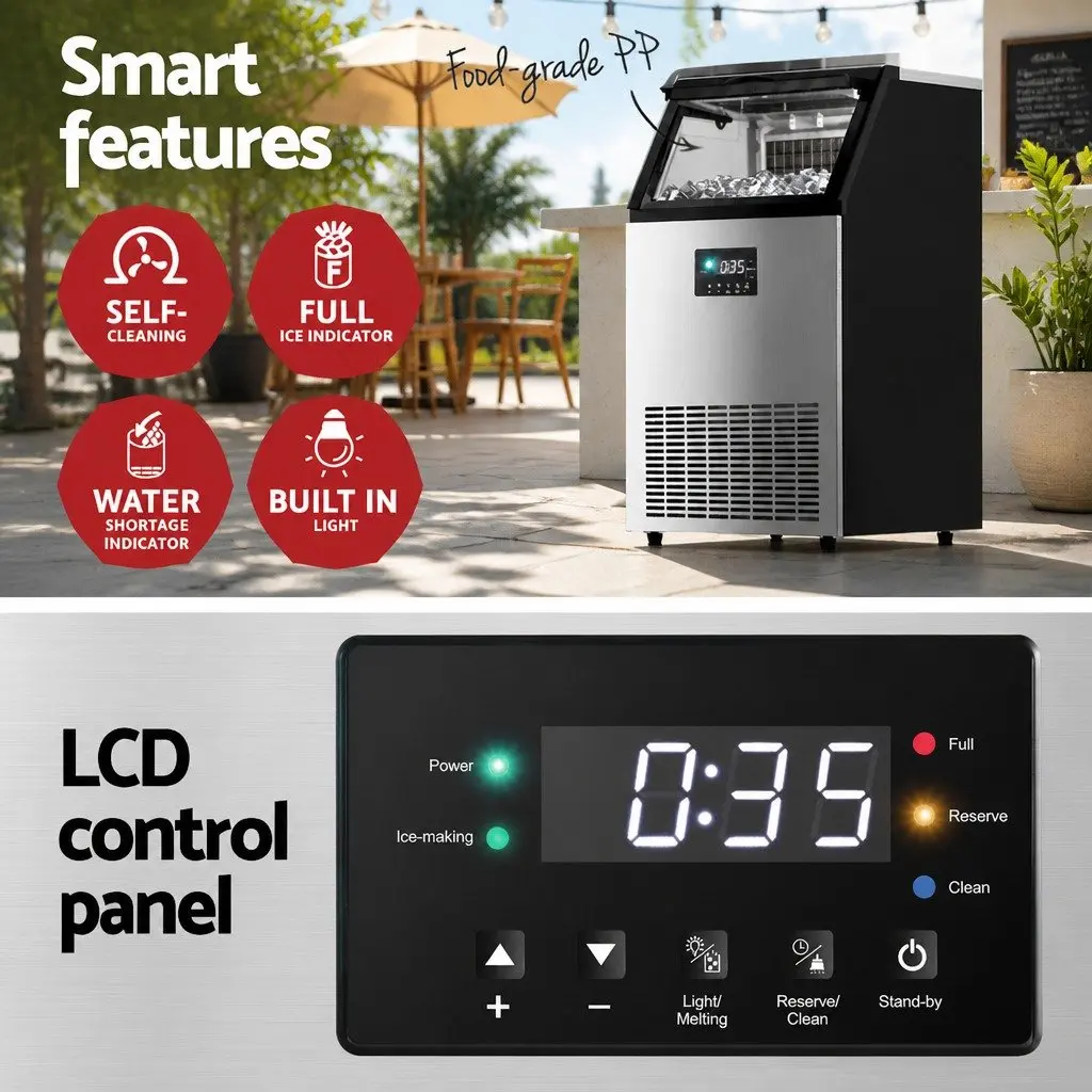 Commercial Ice Maker Machine 45kg Daily Capacity Adjustable Cube Thickness LED Control Silver Stainless Steel