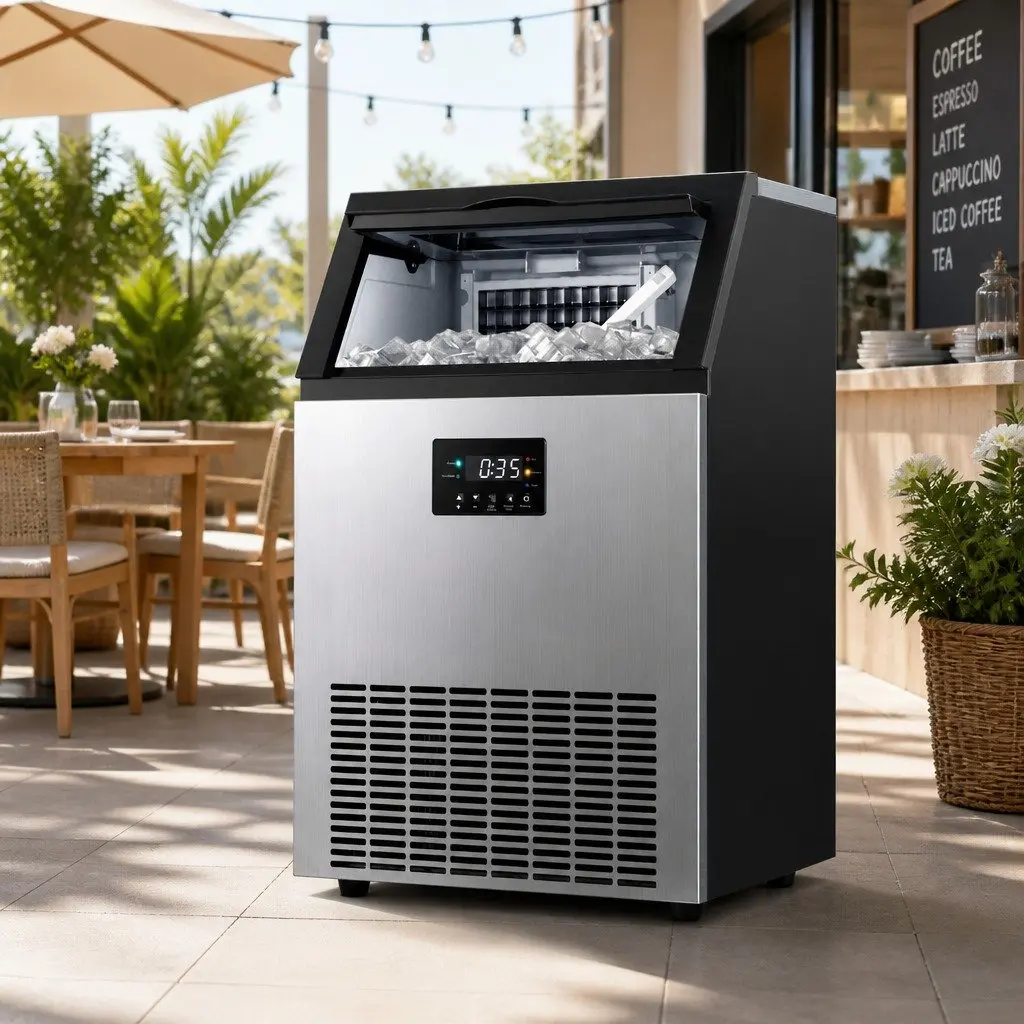 Commercial Ice Maker Machine 45kg Daily Capacity Adjustable Cube Thickness LED Control Silver Stainless Steel