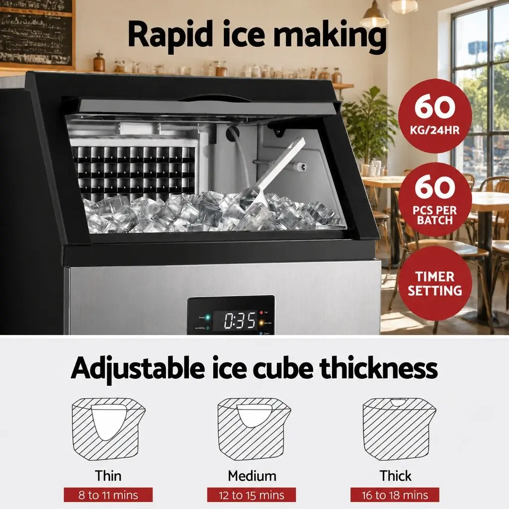 Commercial Ice Maker Machine 60kg Capacity Stainless Steel Black and Silver