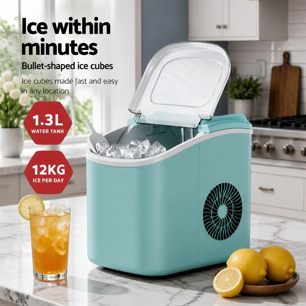 Ice Maker Machine Bullet Shaped Cubes 12kg Daily Production Countertop Green