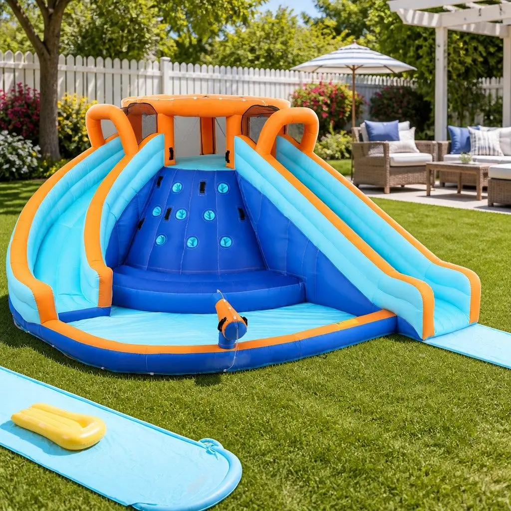 Inflatable Water Park Double Slide Climbing Wall Splash Pool Multicolour PVC Polyester Outdoor Toy