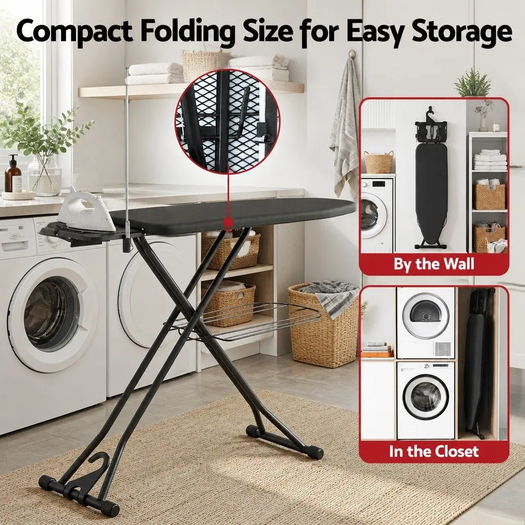 Foldable Ironing Board Heavy Duty Steel Frame Adjustable Height Grey