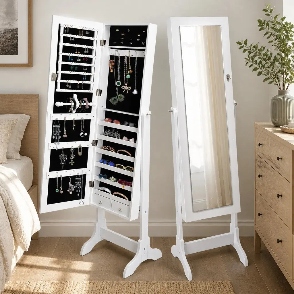 Jewellery Cabinet Makeup Storage Floor Standing Organiser 6 Shelves White