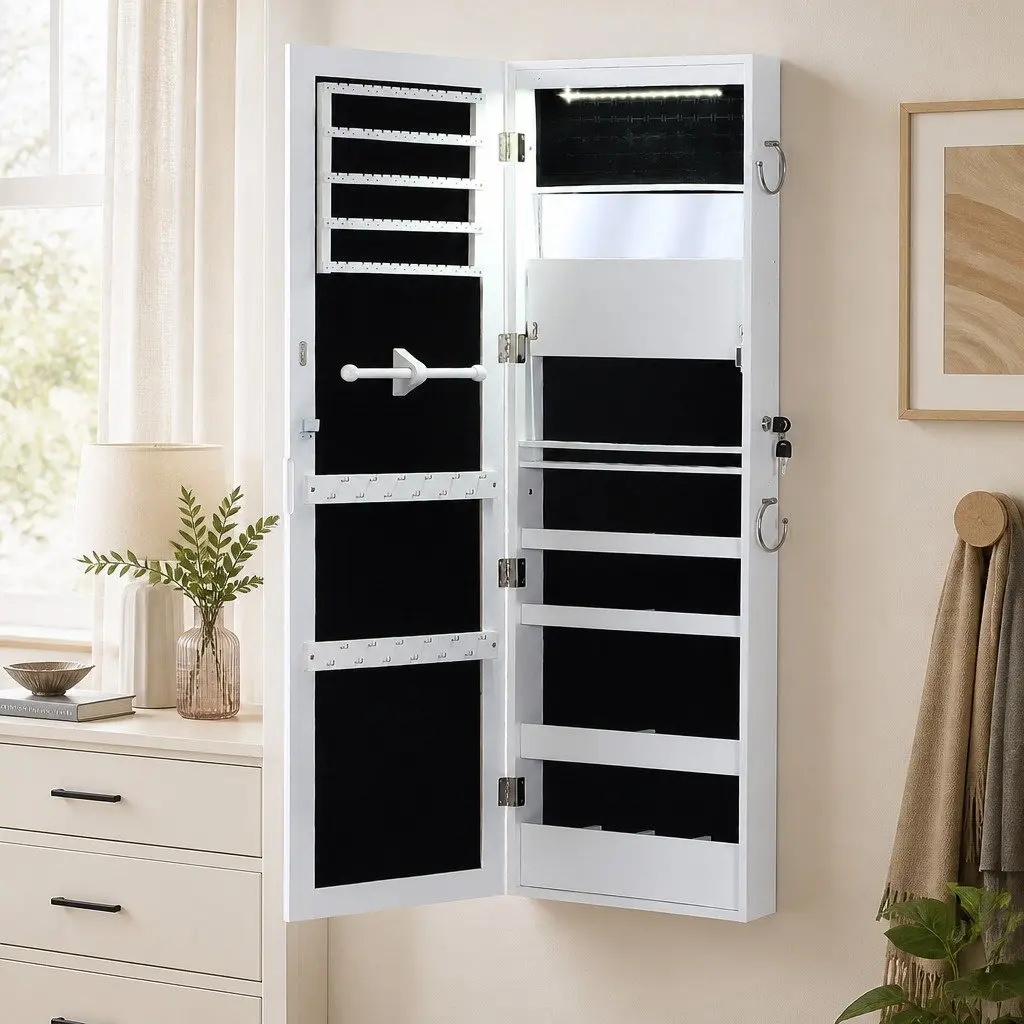 Mirror Jewellery Cabinet Full Length Wall Mounted Storage Organiser White