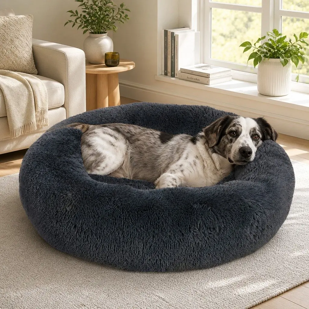 Pet Bed Donut-shaped Large Dark Grey Calming Comfort Plush Mattress Non-slip