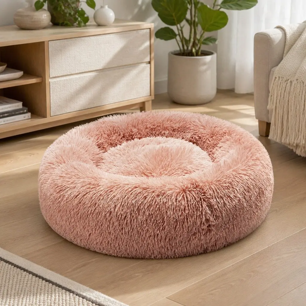 Large Donut Pet Bed Calming Nest Round Cushion Non-Slip Pink