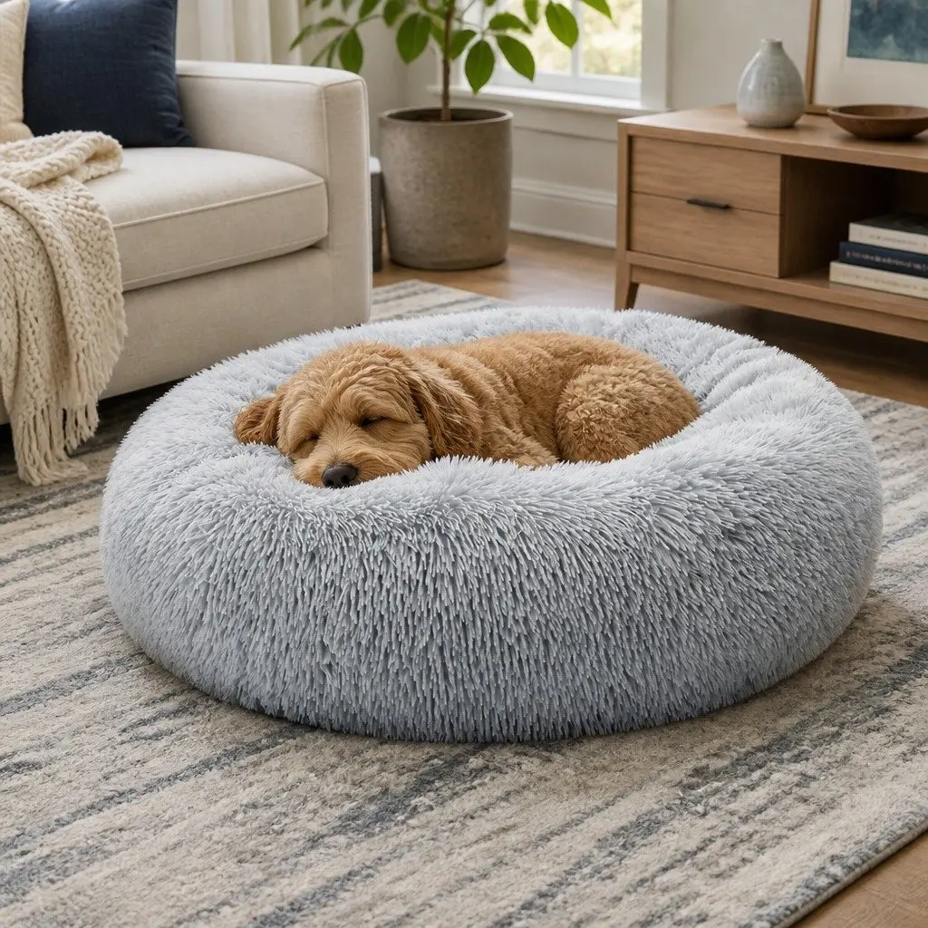 Pet Bed Dog Beds Mattress Medium Grey Donut-Shaped Calming Lounger Washable