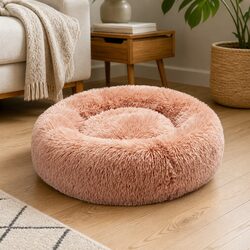 Pet Bed Cat Dog Donut Nest Calming Medium Raised Rim Non-Slip Pink Plush