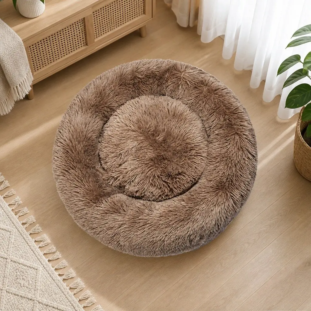 Pet Bed Mattress Donut-Shaped Calming Dog Bedding Medium Brown Washable Comfort