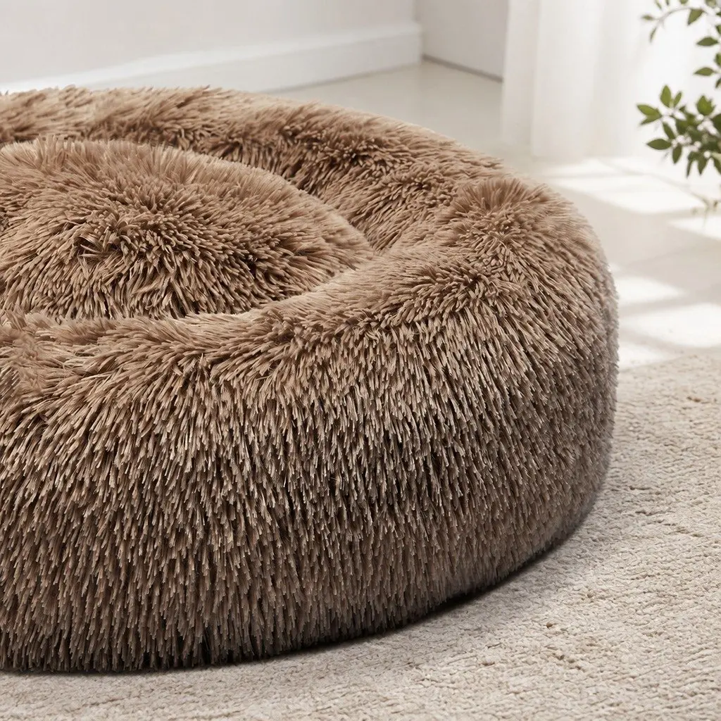 Pet Bed Mattress Donut-Shaped Calming Dog Bedding Medium Brown Washable Comfort