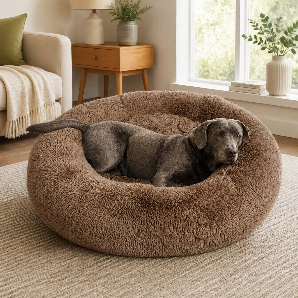 Pet Bed Mattress Donut-Shaped Calming Dog Bedding Medium Brown Washable Comfort