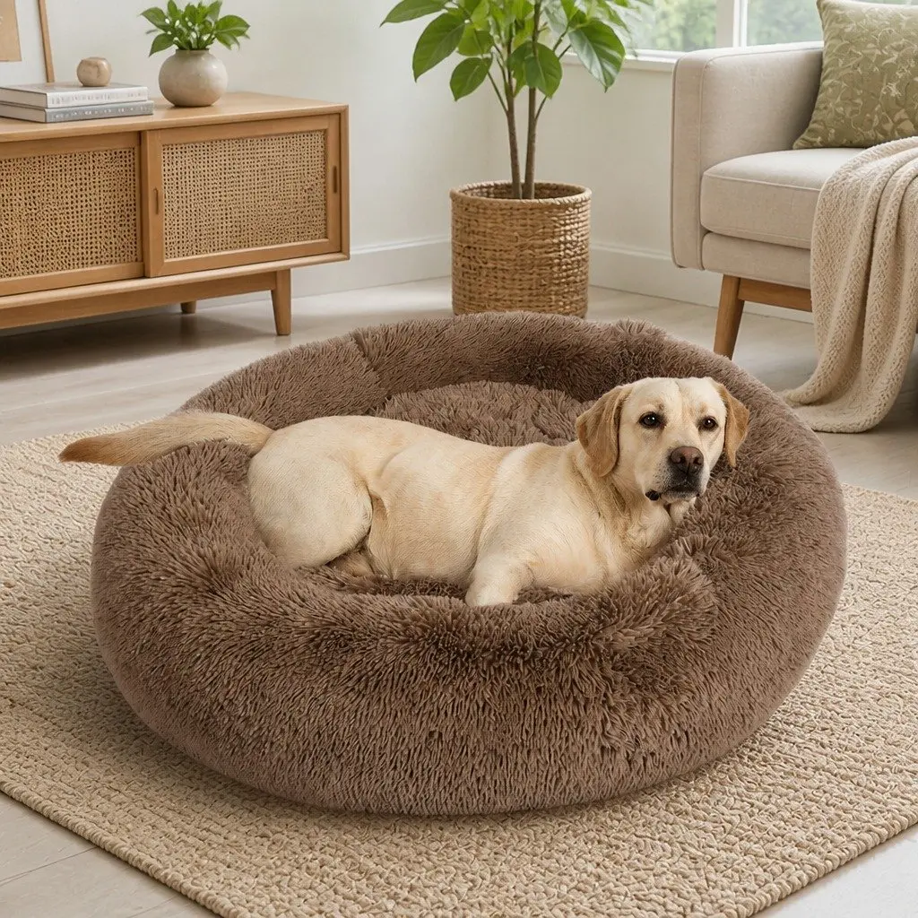Pet Bed Mattress Donut-Shaped Calming Dog Bedding Medium Brown Washable Comfort