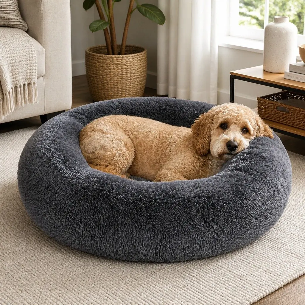 Pet Bed Dog Beds Donut Mattress Small Plush Comfort Calming Raised Rim Non-Slip