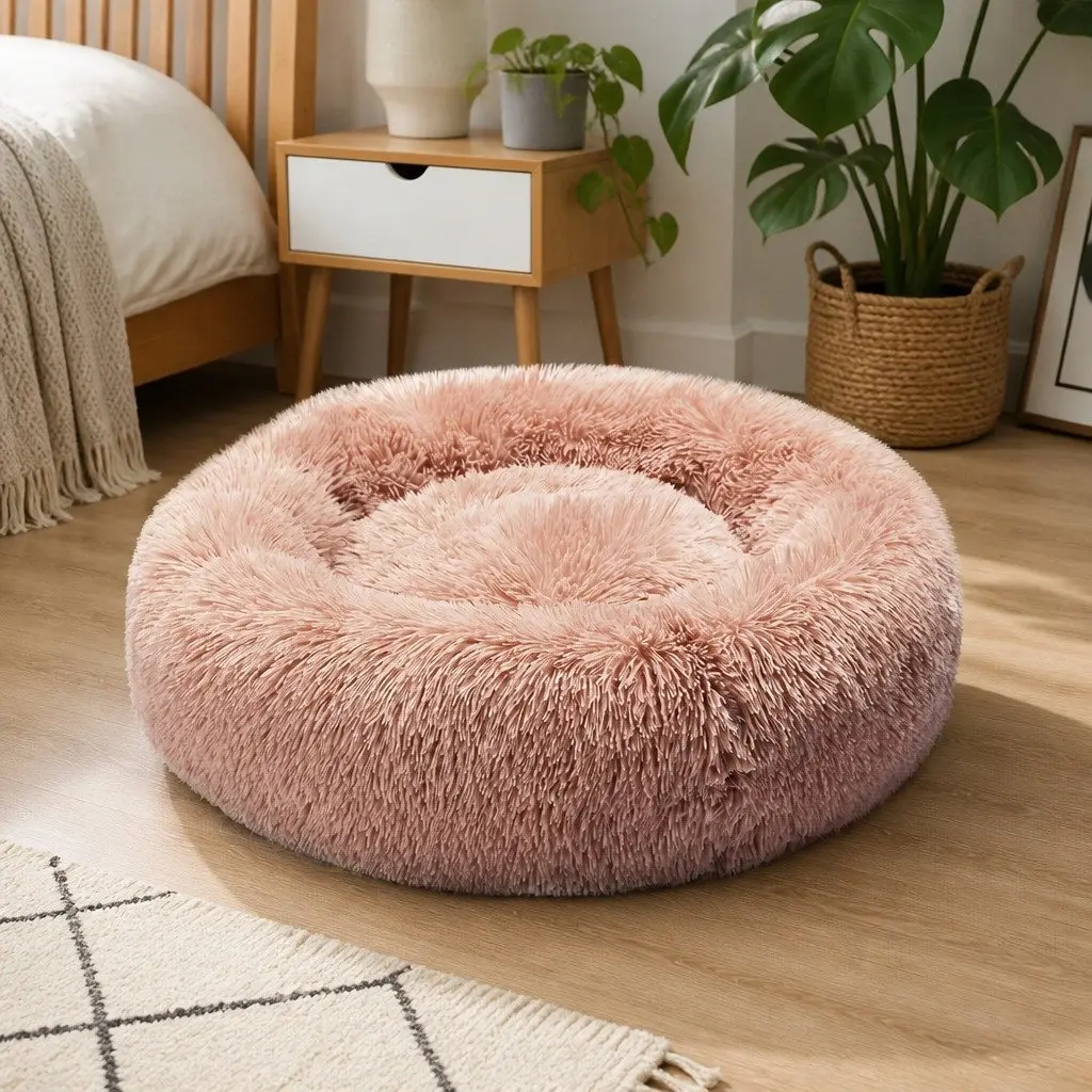Pet Bed Donut Shape Calming Raised Rim Small Pink Machine Washable