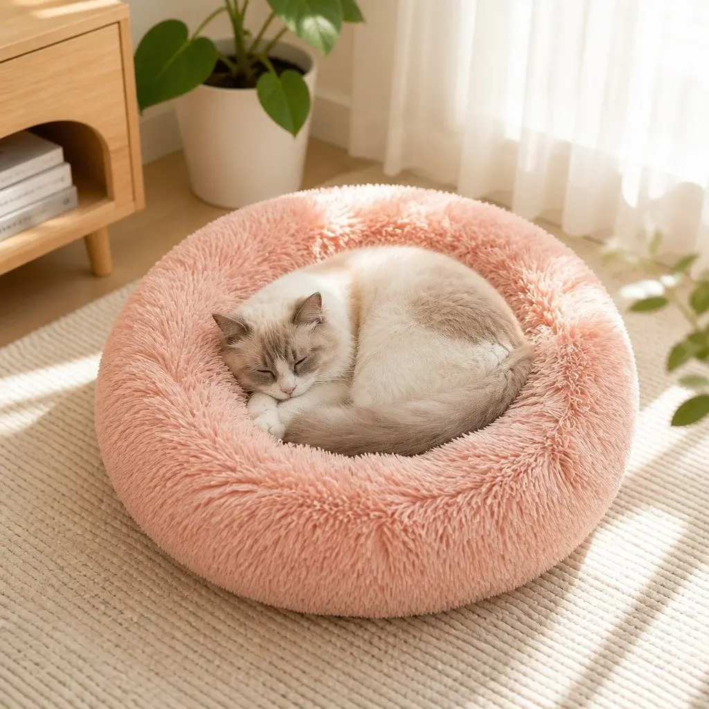 Pet Bed Donut Shape Calming Raised Rim Small Pink Machine Washable