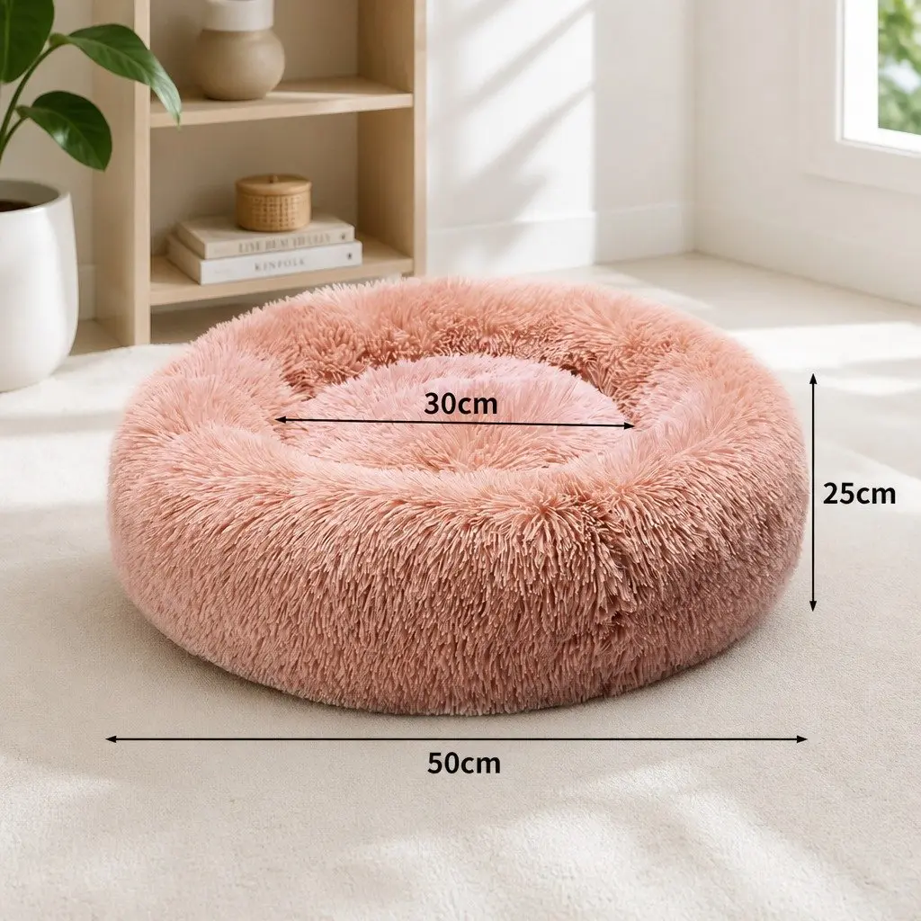 Pet Bed Donut Shape Calming Raised Rim Small Pink Machine Washable