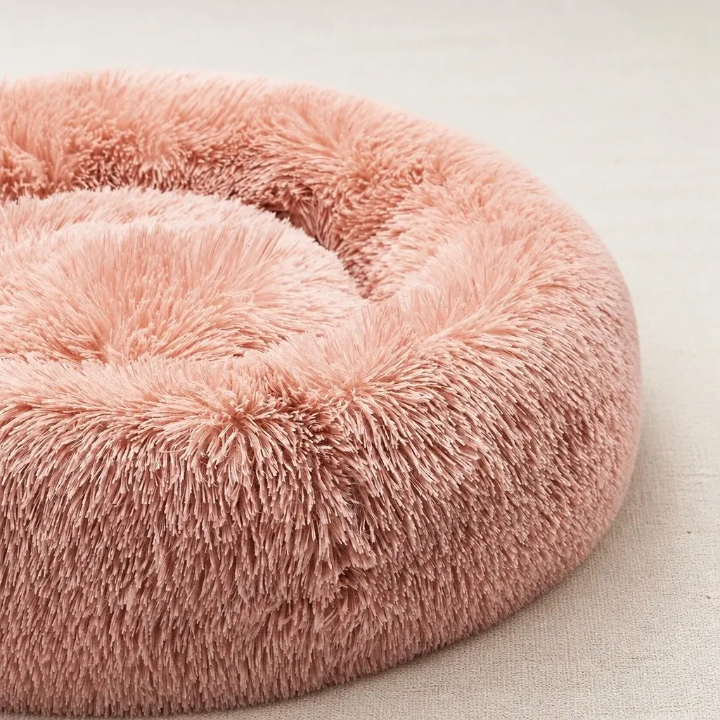 Pet Bed Donut Shape Calming Raised Rim Small Pink Machine Washable