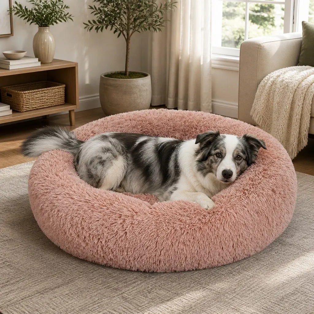 Pet Bed Donut Shape Calming Raised Rim Small Pink Machine Washable