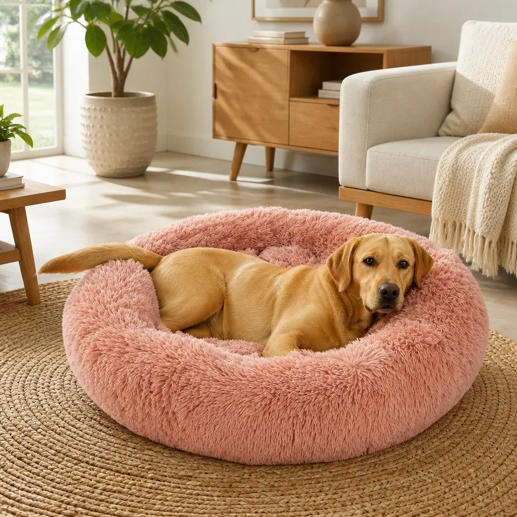 Pet Bed Donut Shape Calming Raised Rim Small Pink Machine Washable