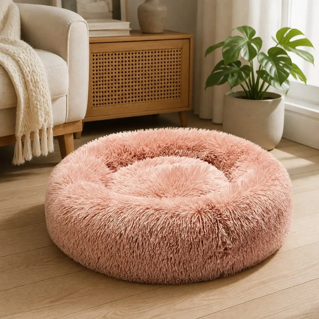 Pet Bed Donut Shaped Calming Bed XL Pink Plush Surface Non-Slip Bottom Machine Washable