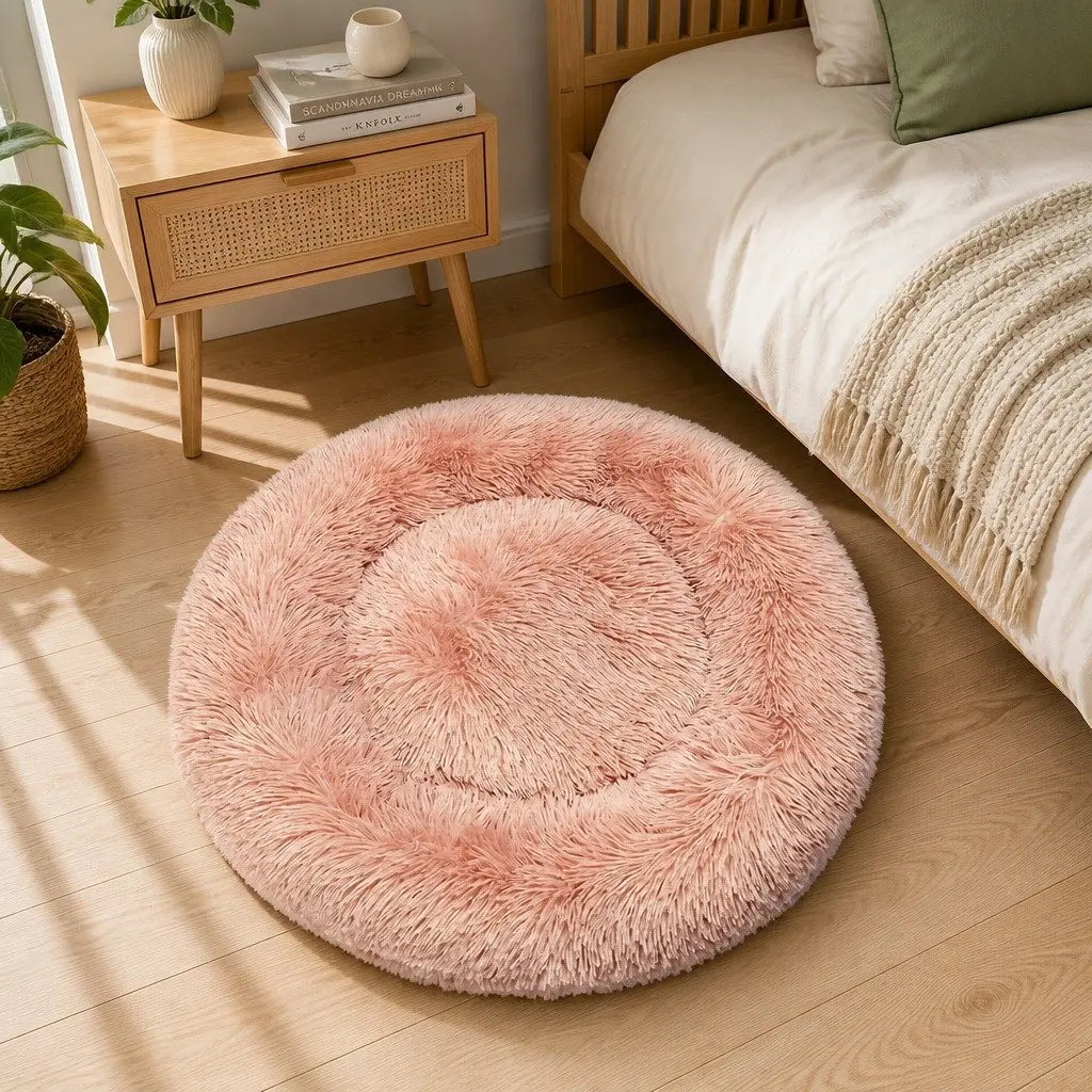Pet Bed Donut Shaped Calming Bed XL Pink Plush Surface Non-Slip Bottom Machine Washable