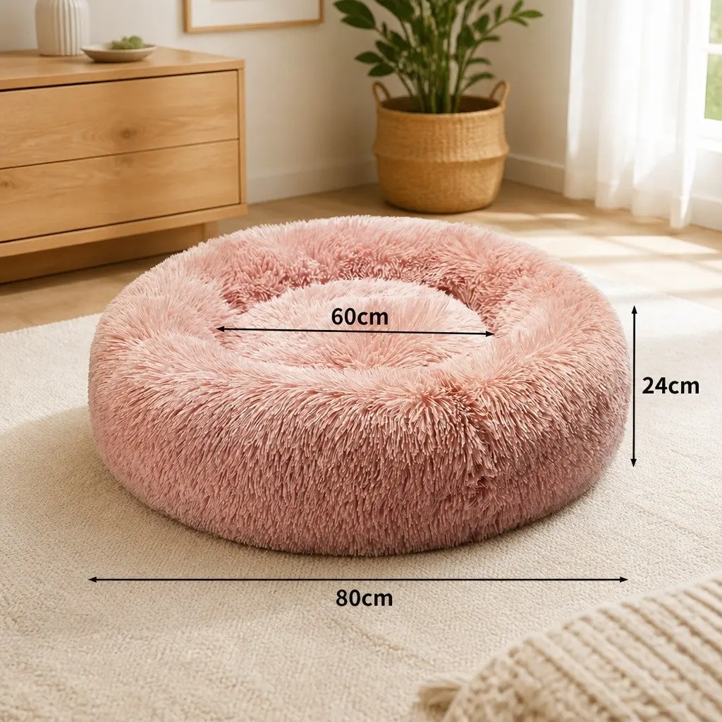 Pet Bed Donut Shaped Calming Bed XL Pink Plush Surface Non-Slip Bottom Machine Washable