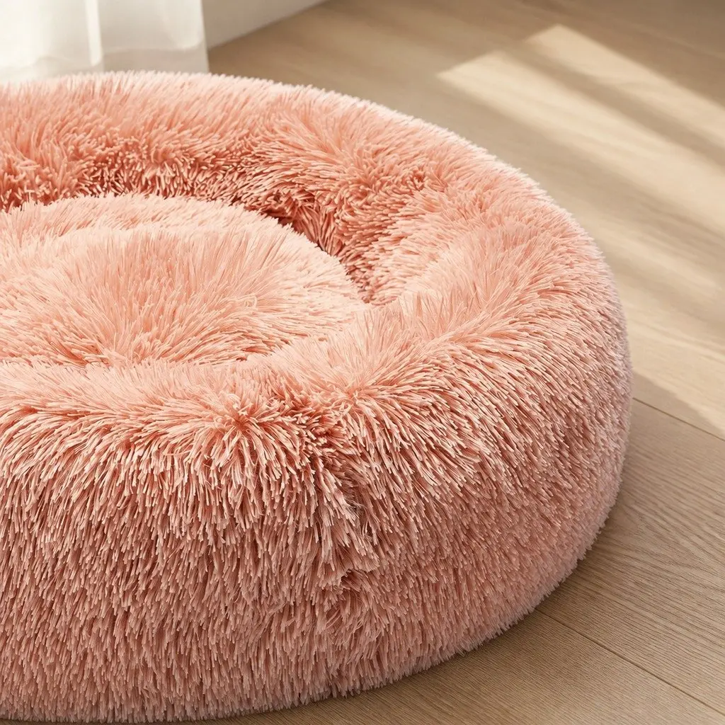Pet Bed Donut Shaped Calming Bed XL Pink Plush Surface Non-Slip Bottom Machine Washable