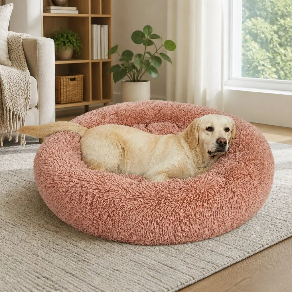 Pet Bed Donut Shaped Calming Bed XL Pink Plush Surface Non-Slip Bottom Machine Washable