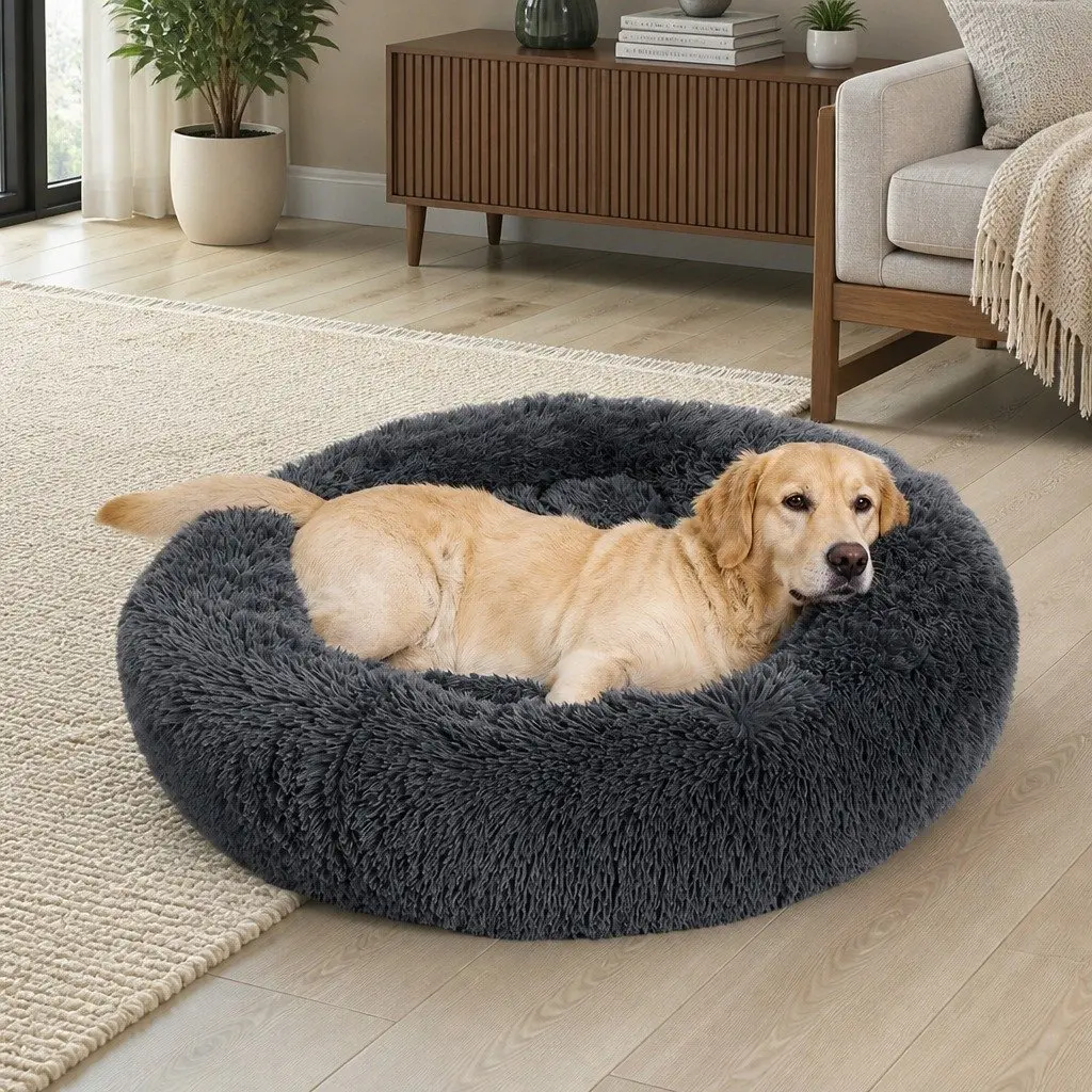 Pet Bed Donut Shaped Calming Bed XL Pink Plush Surface Non-Slip Bottom Machine Washable