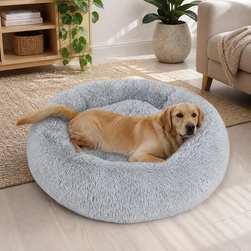 Pet Bed Donut Dog Beds XXL Mattress Cushion Raised Rim Non-Slip Grey Calming