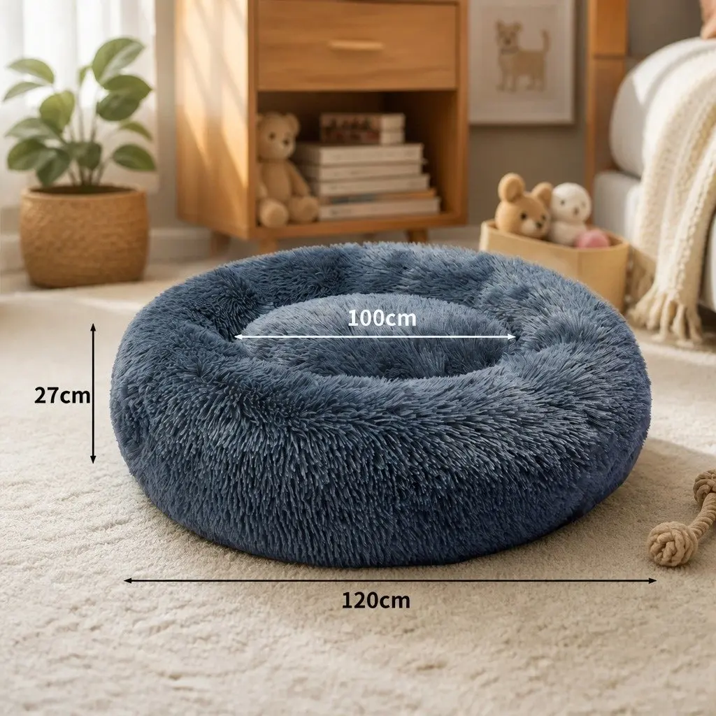 Pet Bed Donut Nest Calming XXXL Dark Grey Plush Non-Slip Bottom