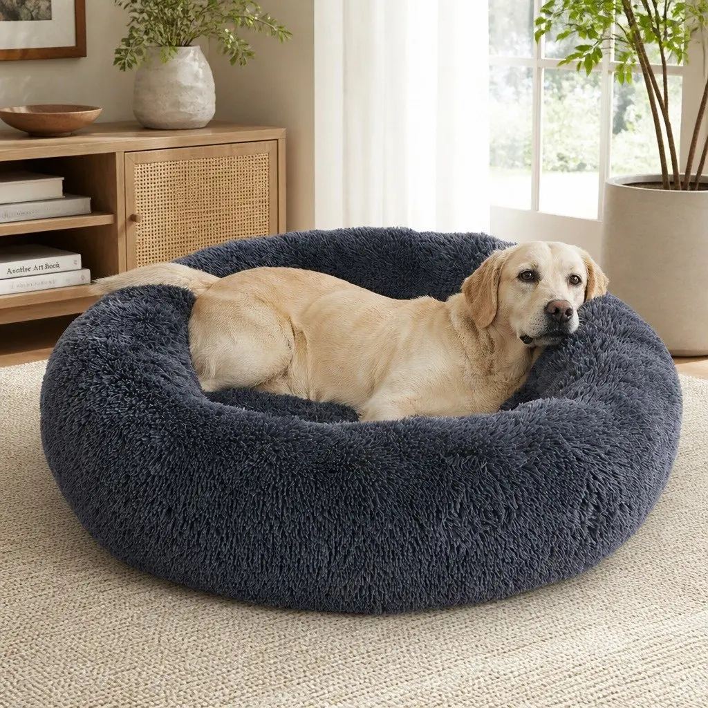 Pet Bed Donut Nest Calming XXXL Dark Grey Plush Non-Slip Bottom