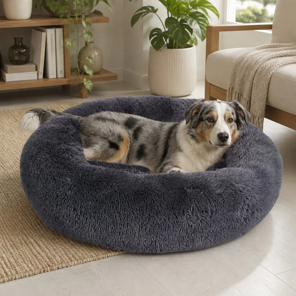 Pet Bed Donut Nest Calming XXXL Dark Grey Plush Non-Slip Bottom