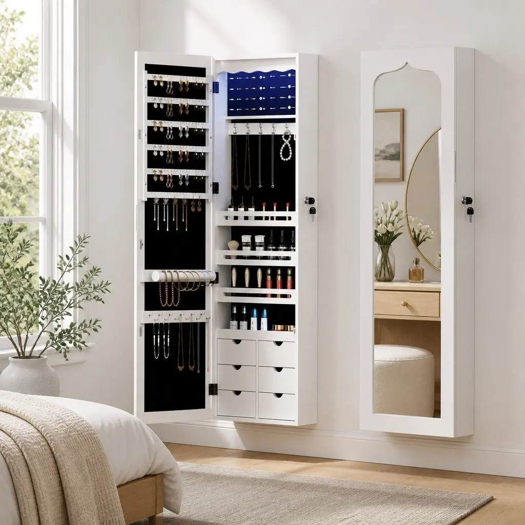 Jewellery Cabinet Full-Length Mirror LED Lockable Wall Mount Over Door White