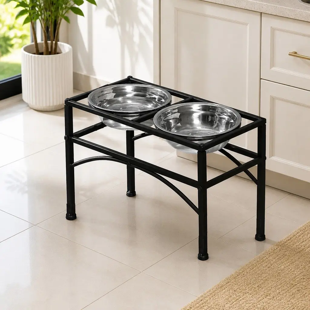 Dual Elevated Raised Pet Dog Feeder Medium 2-in-1 Dish Stainless Steel Bowls