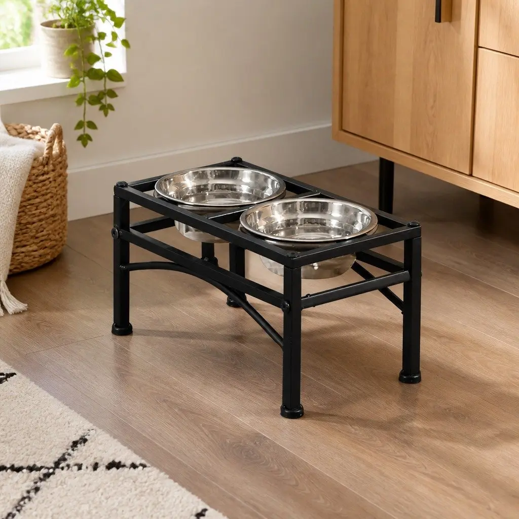 Dual Elevated Raised Pet Dog Feeder Small Stainless Steel Bowls Non-Slip Base