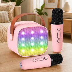 Mini Portable Karaoke Machine Pink with 2 Wireless Microphones Bluetooth Speaker