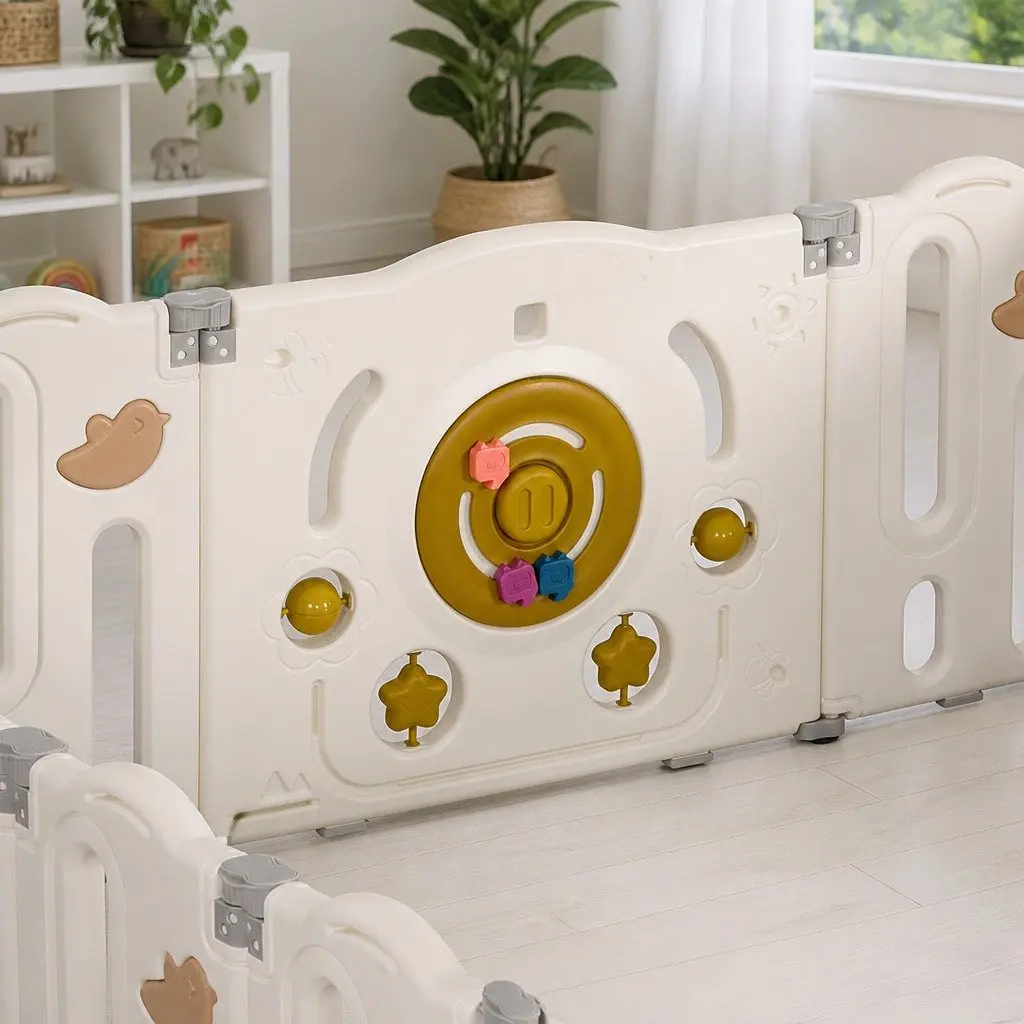 Kids Playpen Safety Gate 18 Panel Foldable Indoor Outdoor Brown and Cream